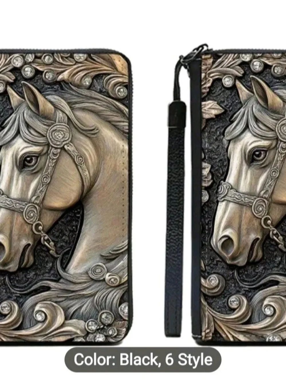 Horse Embossed Relief Full Zip Multi-Card Wallet/Phone Case W/Wristlet Strap